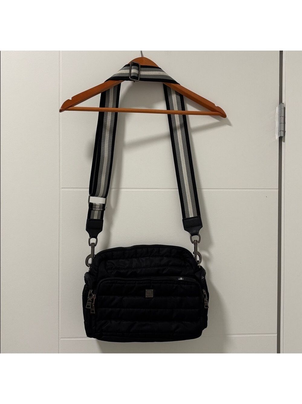 THINK ROYLN Black puffer crossbody Bag purse silver lined adjustable strap